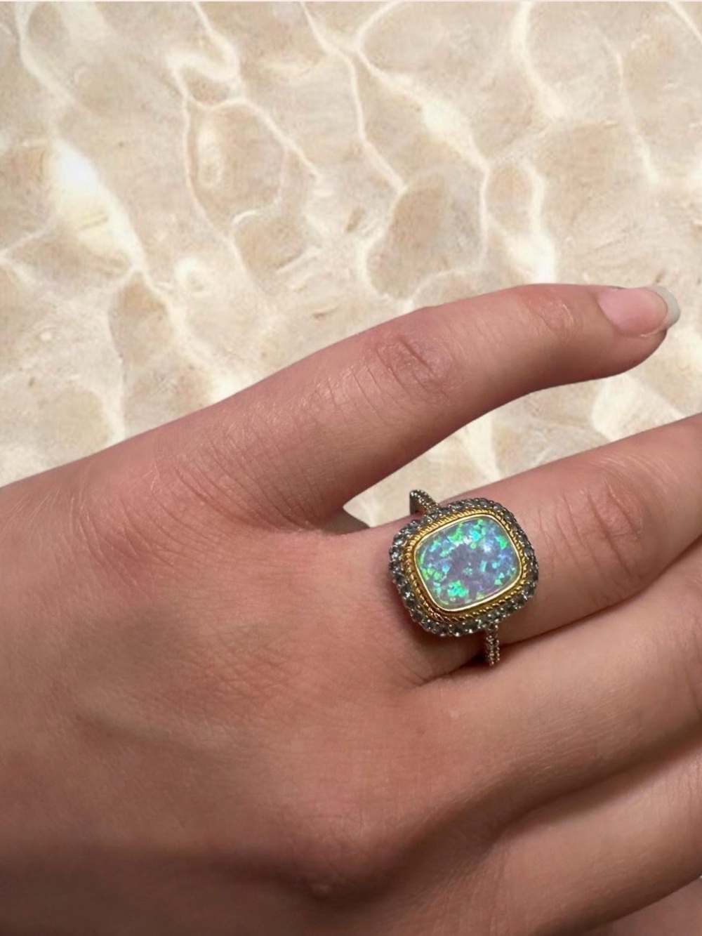 Boho Fairy 925 silver gold wash rainbow opal ring with blue stone halo and band